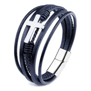 Hot Sale Men Titanium Steel Jewelry Stainless Steel Braided Multilayer Genuine Leather Bracelet