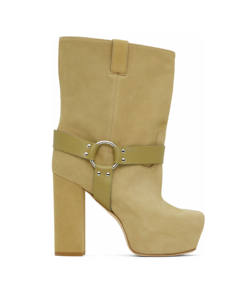 スクエアトゥユニセックス女性用プラットフォームブロックヒールミッドカーフグレインレザーブーツブラック高級13ブラックシドヒールハーネスアンクルブーツ - Product Image 6