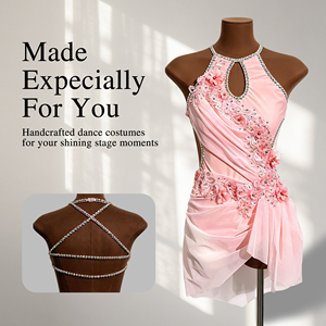 Vestido de Danza Lírica Rosa con Cuello Halter, Bordado con Pedrería, para Gimnasia Rítmica, Ballet y Actuaciones Contemporáneas - Product Image 1