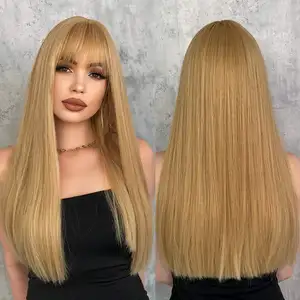 Blonde Wig With Bangs Natural Long Straight Wig Heat Resistant Fiber Pelucas Toupee Synthetic Hair Wig For Daily And Cosplay