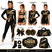Setelan Seragam Cheerleading Custom Hitam Emas dengan Cetakan Scroll, Jaket Pemanasan, Legging, Sport Bra, Seragam Pertunjukan, Satu Tempat Belanja Lengkap