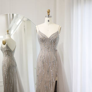 Champagne <b>Spaghetti</b> <b>Strap</b> Straight Evening <b>Dress</b> Overskirt Side Slit Floor-Length Party <b>Dresses</b> for Women Wedding 3D Pleat - Product Image 2