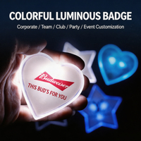 Badge lumineux LED écologique en plastique PS avec impression sérigraphiée pour événements promotionnels sur le thème de la romance