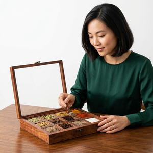 Caja de especias de madera con 12 compartimentos para un almacenamiento organizado de condimentos, diseño tradicional hecho a mano con madera maciza. - Product Image 1