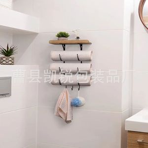 Iron And Wood Wall Mounted Towel Rack 3 <b>Bars</b> Organizer <b>Shelf</b> For Bathroom Storage - Product Image 3