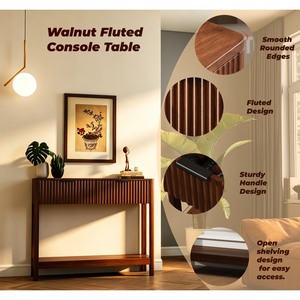 Mid Century Modern Fluted Console <b>Table</b> <b>Walnut</b> Finish 2 Drawers Open Shelf Narrow Entryway Sofa <b>Table</b> - Product Image 6