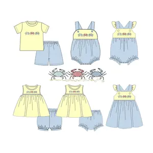 Puresun Children Clothing Wholesale Summer Crab Embroidery Kids Clothes Baby Girl Outfit With Gingham