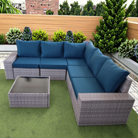 Juego de Sofás Seccionales de Acero Económico de 6 Piezas con Reposabrazos Anchos, Juego de Sofás de Esquina de Ratán para Patio y Jardín con Mesa de Centro