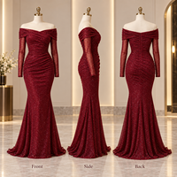 Maßgeschneidertes Damen-Abendkleid Glitzer-Netzstoff Gerafftes Drapiertes Schulterfreies Langarm Meerjungfrau Bodenlange Formelle Abendrobe