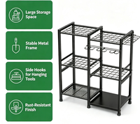 Étagère de rangement de jardin en métal noir, organisateur d'outils multi-niveaux avec crochets de suspension pour abri de jardin, garage, balcon, vente en gros