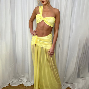 JULISSA MO Women's <b>Two</b> <b>Piece</b> <b>Set</b> Yellow <b>Mesh</b> Bodycon Skirt Long Sleeveless Crop Top Leisure Wear - Product Image 1