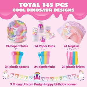 Fournitures de fête d'anniversaire rose licorne DAMAI avec bannière pour filles, ensemble de vaisselle jetable avec assiettes, gobelets, serviettes et couverts pour enfants - Product Image 2