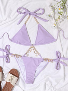 Sexy Strass-Bikinis Damen 2022 Sommer Push-Up V-Ausschnitt Neckholder Hohe Taille 2-teiliger Badeanzug Strandurlaub Bademode 2112 - Product Image 5