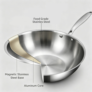Wok en acier inoxydable tri-couches 24/26/28/30/32/34/36 cm avec couvercle en verre, sans revêtement, compatible induction, poignée anti-chaleur - Product Image 2