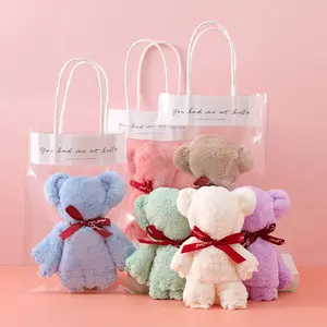 Cheap Logo Label Luxury Super Soft Coral Velvet Cute Bear Gift Sets Face Towels Bath Set Handbag Wedding Guest Gift Bear Towels