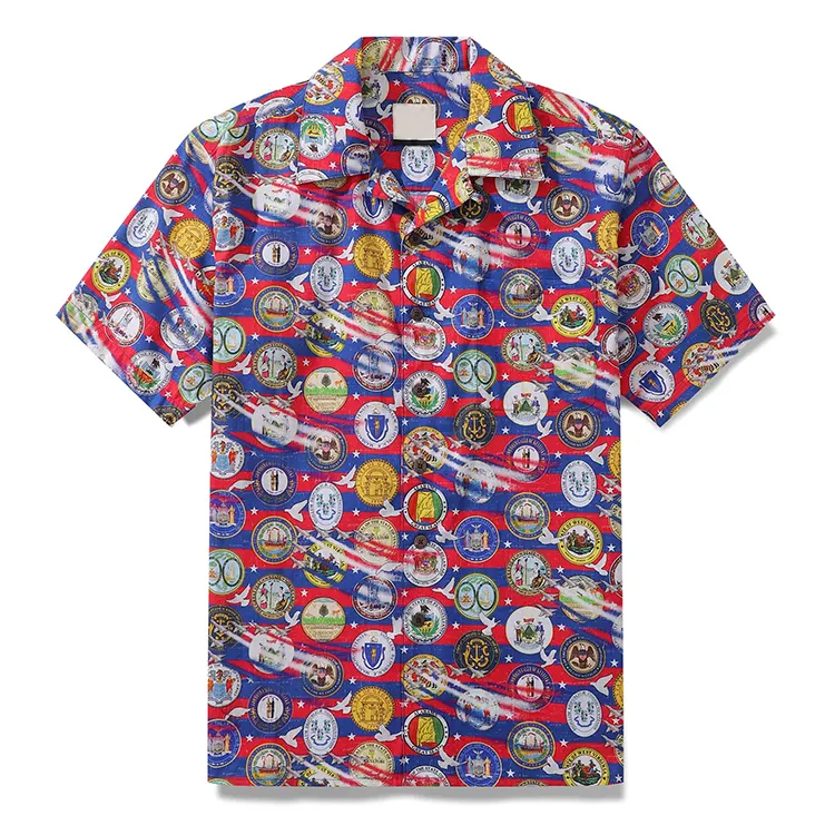 Preço baixo Camisas havaianas orgânicas de praia com estampa de botões para homens, algodão por atacado