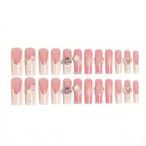 24 faux ongles à presser en ABS, longs et carrés, rose nude, avec spirales métalliques et croix en cristal, style luxueux et glamour pour fêtes et mariages - Product Image 4