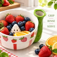 Bol de service en céramique avec poignée, motif fraise, pour salade de fruits, céréales, soupe, pour la maison, la cuisine, la vente au détail, OEM personnalisé