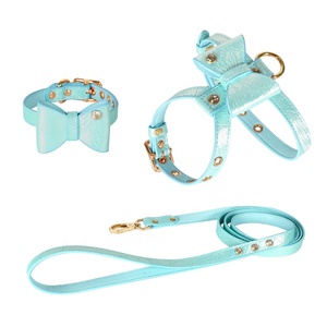 Minerva OEM/ODM cuero brillo Color pajarita brillante Piedra del Rin perro pequeño Multi ajustable mascota perro <span class=keywords><strong>Collar</strong></span> Correa arnés conjunto - Product Image 5