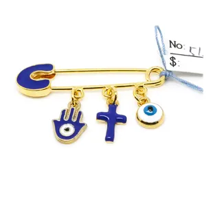 Best selling evil eye safety pin, hamsa evil eye cross charm stroller pin for protection and good luck