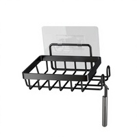 Support mural adhésif rectangulaire en métal noir pour savon auto-drainant avec 2 crochets pour salle de bain, douche, évier