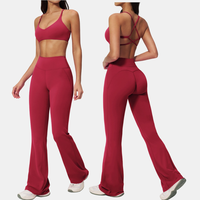 Set Yoga Wanita Empat Potong Bahan Solid, Bra Olahraga Pendek Halter Bernapas, Crop Top Punggung Silang, Legging Flare untuk Gym, Workout, dan Fitness