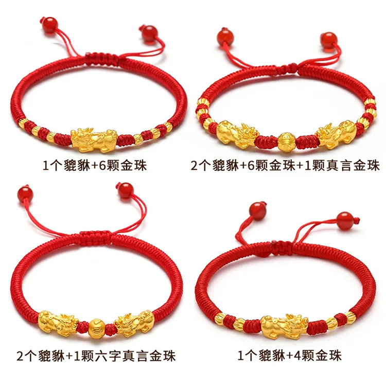 Gelang kepang lapis emas 24K Pria Wanita, perhiasan gelang pasangan tali tangan Tahun Natal tali merah