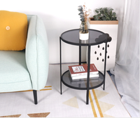 Design moderne à 2 niveaux en métal noir cadre en verre rond table basse latérale table de chevet