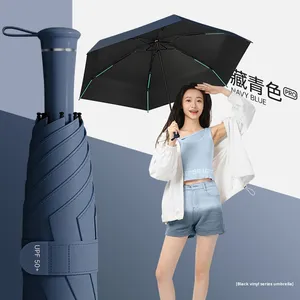 Parapluie pour femme à ouverture semi-automatique, pliable en trois sections, avec poignée rétractable à 50 %, revêtement noir, protection solaire, double usage, design moderne - Product Image 6