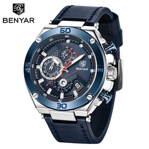 Benyar Men's Quartz Watch Three Dial Chronograph Stainless Steel Case Leather <b>Strap</b> 12mm 30M Waterproof Analog Display - Product Image 5