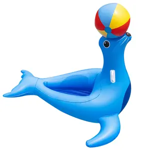 加厚聚氯乙烯蓝色海狮带球骑乘游泳池充气筏水上躺椅带把手浮动骑手玩具