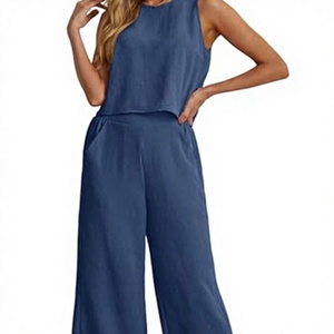 Women's Sleeveless O-Neck Crepe <b>Jumpsuit</b> Wide Leg Pants Set Solid Color Loose Fit Breathable Casual Spring Summer Wear - Product Image 3