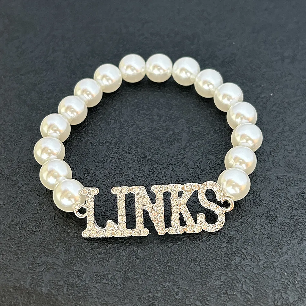 Personality sorority society LINKS rhinestone metal letter pendant white pearl bracelet bangle