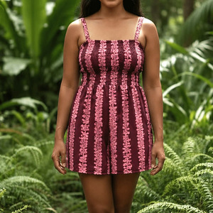 Minimum order quantity design beach print pleated loose casual <b>Romper</b> custom linen mixed cotton Aloha jumpsuit - Product Image 4