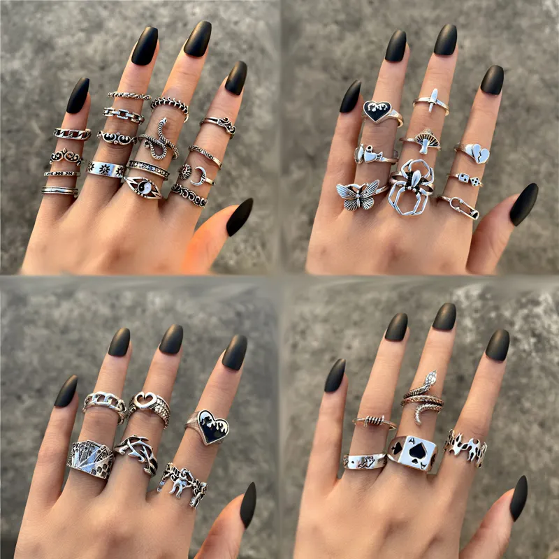 17KM Retro Hiphop Snake Skeleton Skull Rings Set For Men Women Punk Silver Plated Butterfly Chain Rings 2022 Trend Jewelry Gifts
