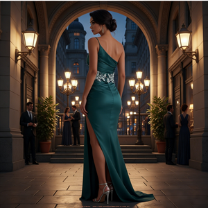 <span class=keywords><strong>Abito</strong></span> da sera <span class=keywords><strong>monospalla</strong></span> in raso <span class=keywords><strong>verde</strong></span> cacciatore con spacco frontale, modello a sirena, elegante per invitati a matrimoni - Product Image 3