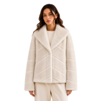Manteau court en fausse fourrure de vison ivoire pour femme, col large, motif chevron en V, veste d'hiver en fausse fourrure pelucheuse, supporte la vente en gros en petites séries