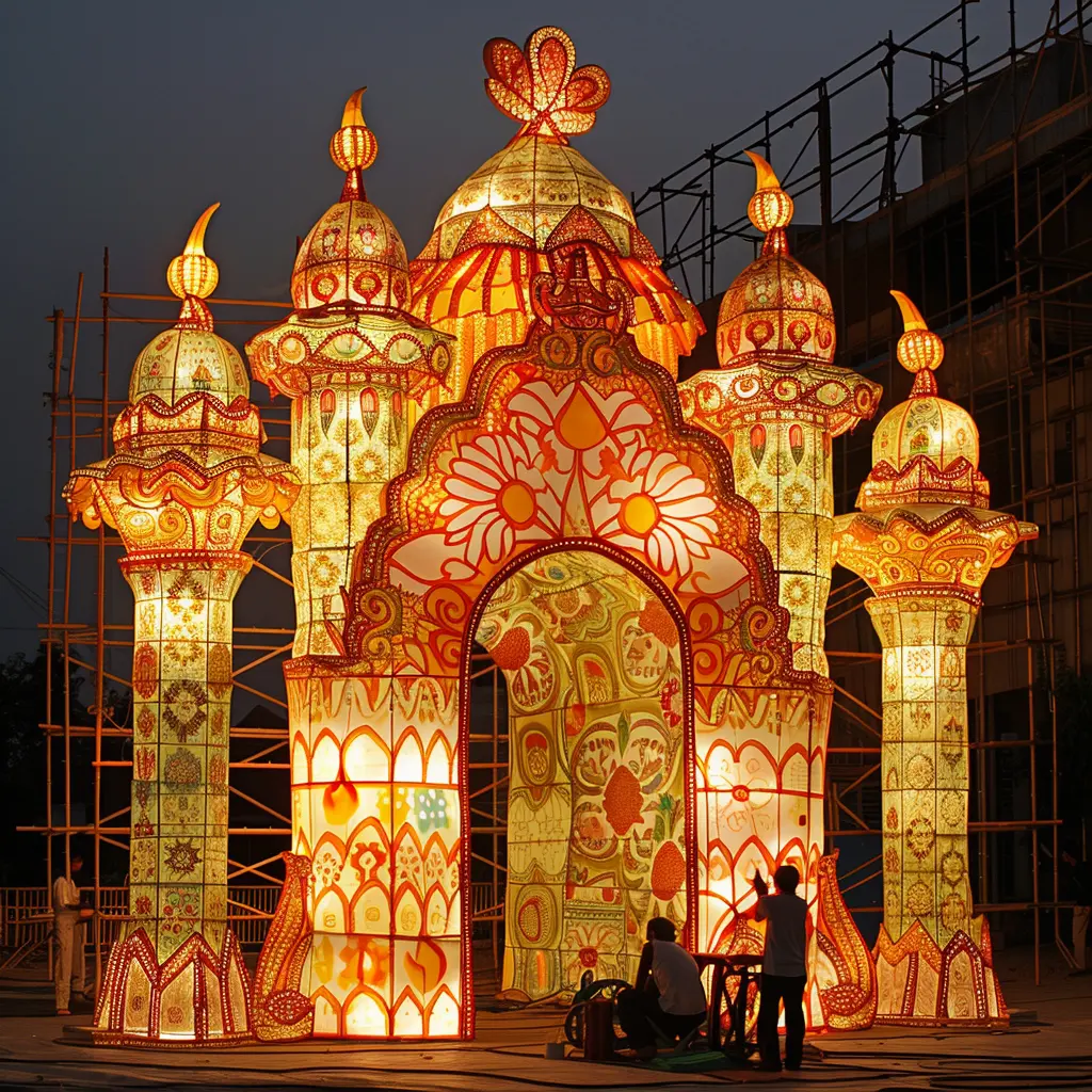 인도 다르가 축제 대형 야외 랜턴 빌딩 장면 3D 조명