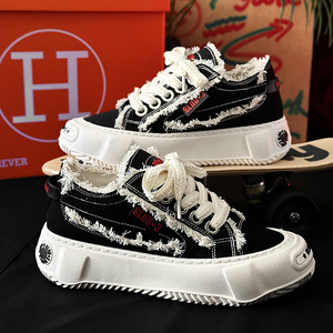 Frayed <b>Edge</b> Canvas Platform Sneakers Thick Non Slip Sole Low Top Lace Up Distressed Streetwear Casual Daily Walking Shoes - Product Image 3