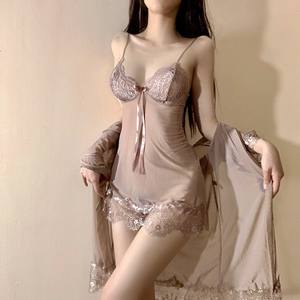 Trois pièces femmes ensemble de Lingerie élégant manteau en dentelle + fronde chemise de nuit + string caleçon costume érotique dame Sexy Lingerie - Product Image 1