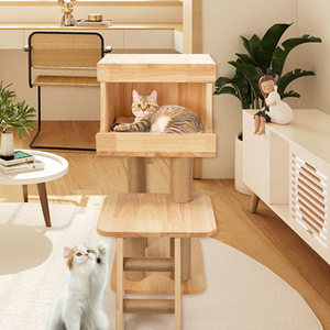 Solid <b>Wood</b> <b>Cat</b> <b>Tree</b> With House And Scratcher Easy To Clean For <b>Cats</b> All Seasons - Product Image 2