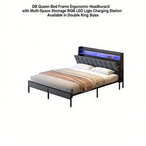 Base de Cama Queen Db con Cabecera Ergonómica, Almacenamiento, Luces LED RGB, Estación de Carga, Moderna, de Cuero Sintético y Metal - Product Image 1