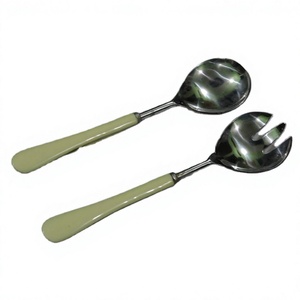 Ensemble élégant de serveuses à salade à poignée en résine, en acier inoxydable poli miroir, 2 pièces, outils de service pour salades et pâtes, accessoires de cuisine - Product Image 1