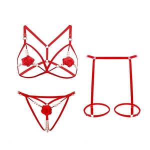 Bộ đồ lót nữ 3 món, áo ngực xuyên thấu dây halter, quần nhỏ, họa tiết hoa 3D, ngọc trai cực kỳ quyến rũ, phong cách Nhật Bản, dành cho phụ nữ trưởng thành gợi cảm. - Product Image 6