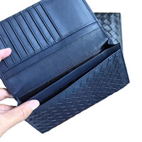 Dompet Kulit Asli Retro Kustom untuk Pria Wanita Kapasitas Besar Banyak Slot Kartu Pola Anyaman Tangan Dompet Panjang Klasik Bisnis
