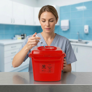 Red Rectangular Plastic Medical Waste <b>Bin</b> 5L With Lid For <b>Sharp</b> Objects Biohazard Label Hospital Use - Product Image 1