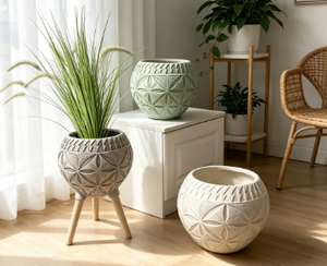 Pots de fleurs en céramique avec pieds en bois, ensemble de 2 jardinières minimalistes pour plantes vertes - Product Image 2