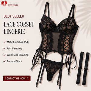 Ensemble de lingerie noire en dentelle pour femme, comprenant un haut bustier, une culotte et des jarretelles à lacets latéraux, en maille transparente, trois pièces, sous-vêtements intimes - Product Image 6