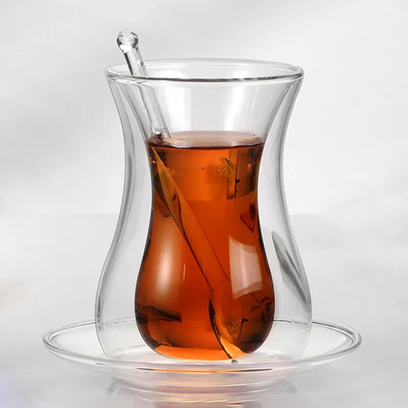 แก้วกาแฟบอโรซิลิเกตสูงขนาด150มล. ชุดแก้วกาแฟพร้อมจานรองและช้อนแก้ว