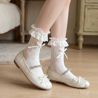 Chaussettes courtes blanches et noires en dentelle à volants et nœuds pour femmes, mignonnes, ajourées, respirantes, en nylon écologique, fines pour l'été, style Lolita